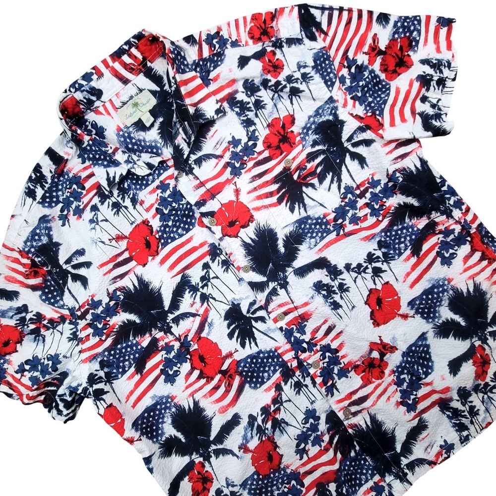 American Flag Palm Tree Hibiscus Mens XXL  Shirt Red Blue Island Shores
